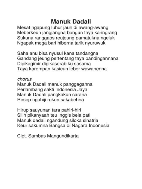 Amanat kawih manuk dadali Berikut adalah teks lagu Manuk Dadali yang lengkap: ADVERTISEMENT